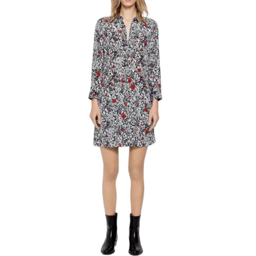 Zadig & Voltaire black, white and red floral long sleeve dress size L - Picture 1 of 9